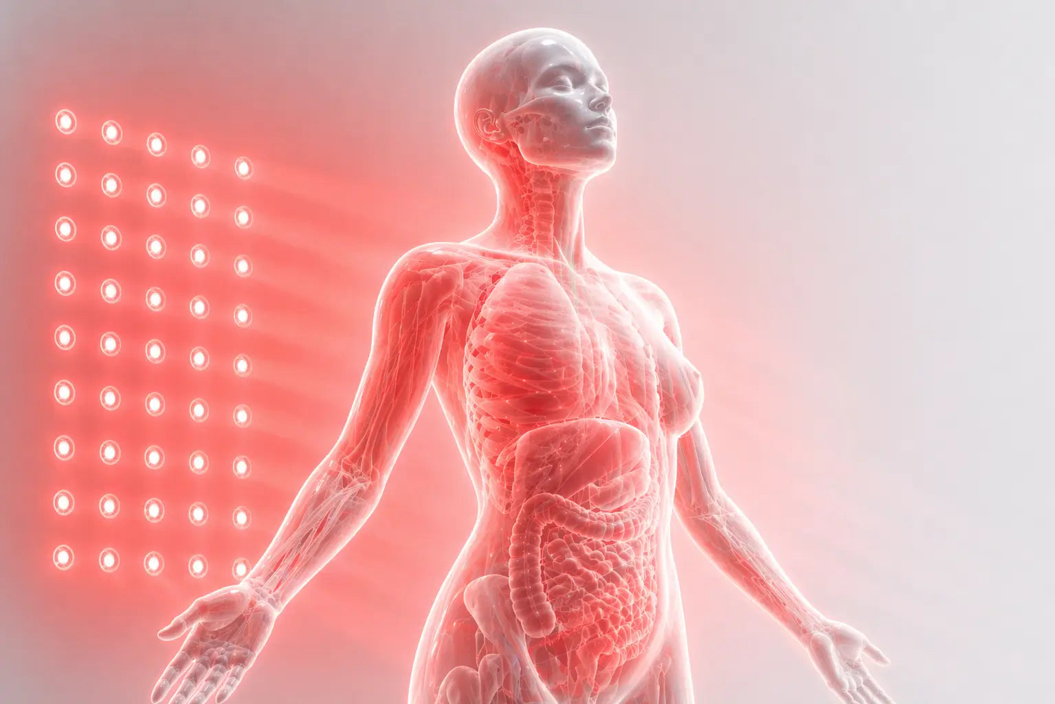 Red light therapy panel illuminating the human body for an at-home wellness routine